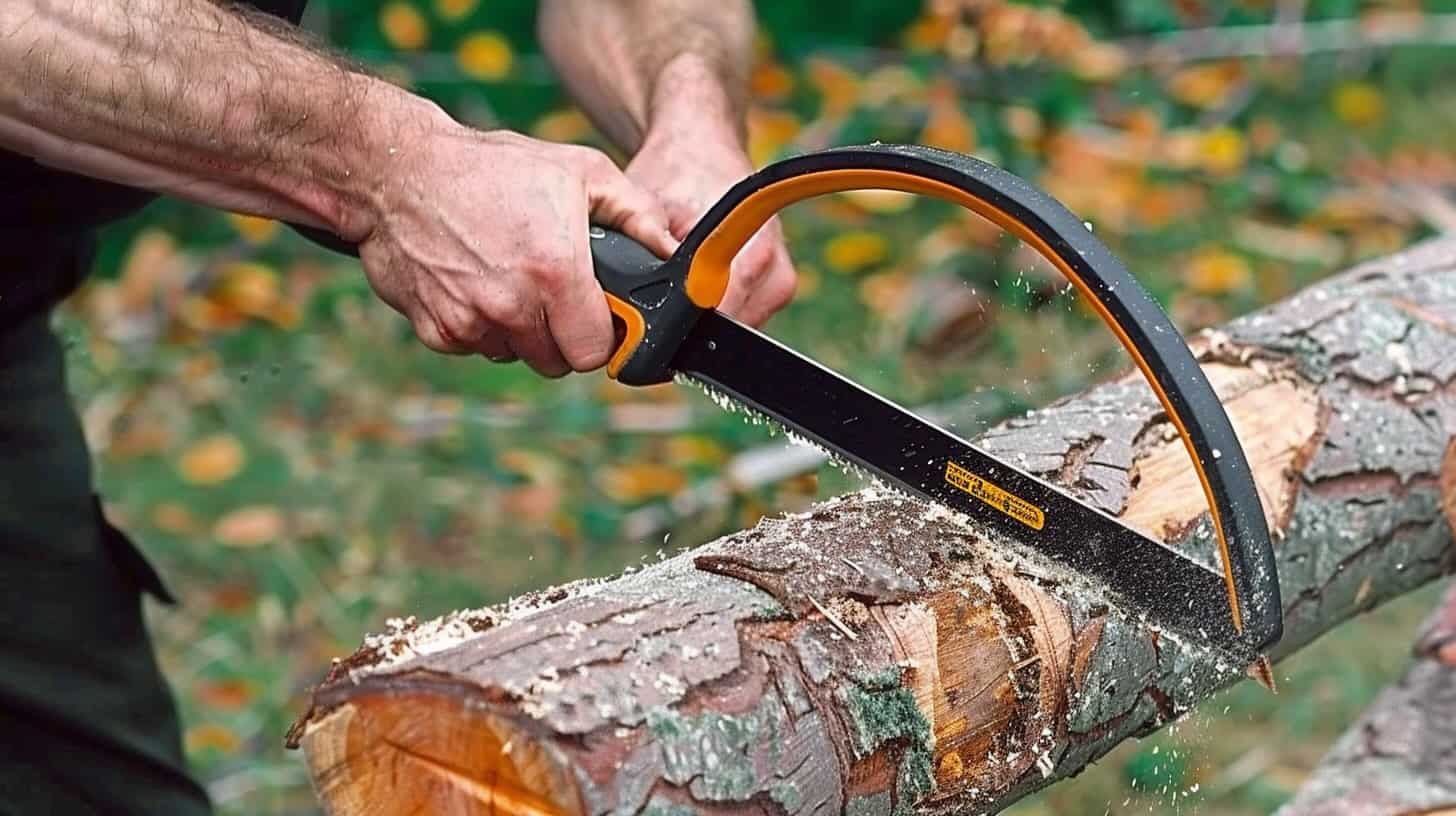 Voorkant -Goedkope Hornbach winkel Man zaagt een stuk hout door met een beugelzaag